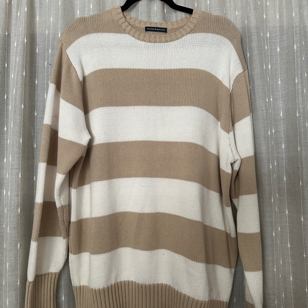 Brandy Melville Tan and White Striped Crewneck Sweater